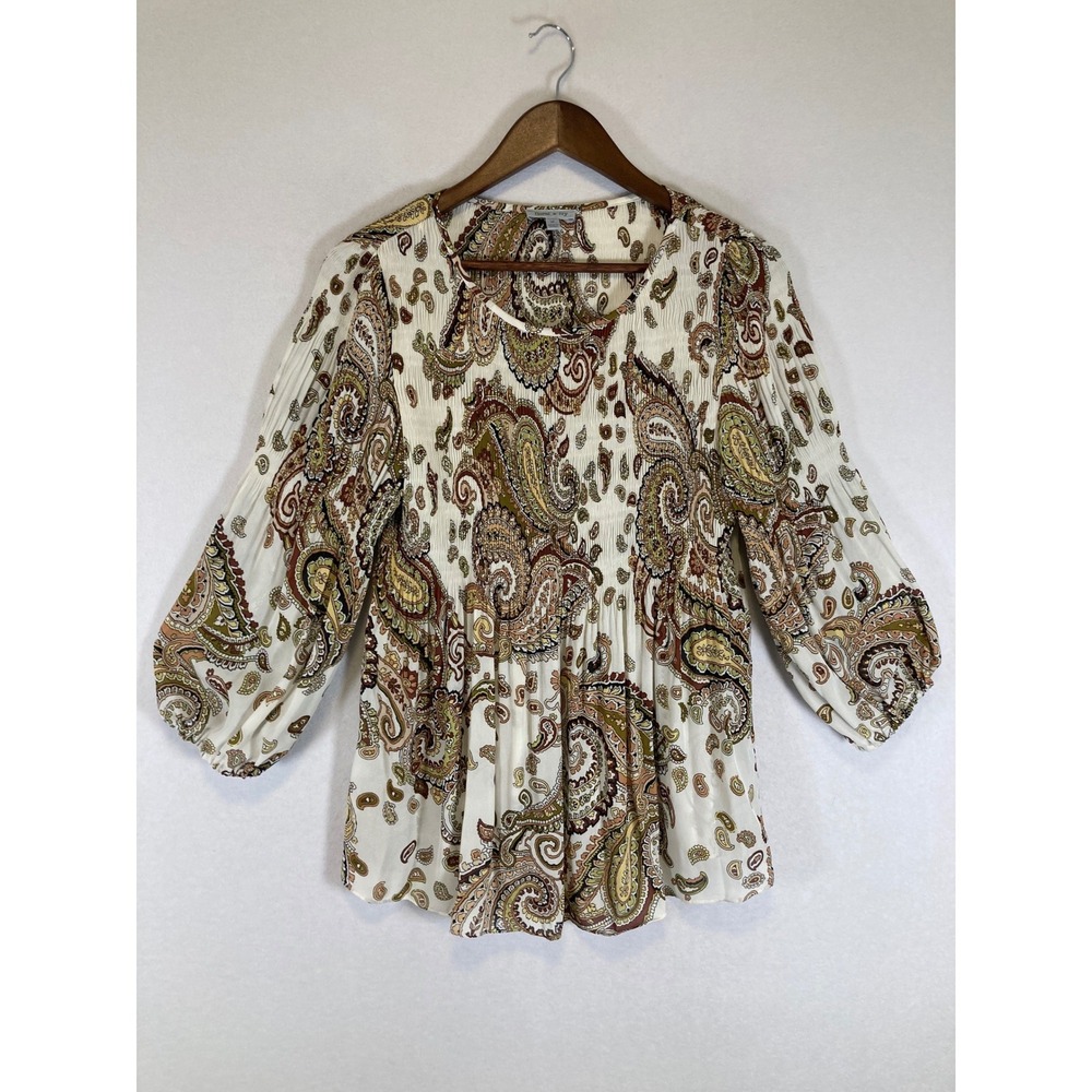 Boho Floral & Ivy Women M Brown Paisley Plissé Smocked Balloon Sleeve Blouse